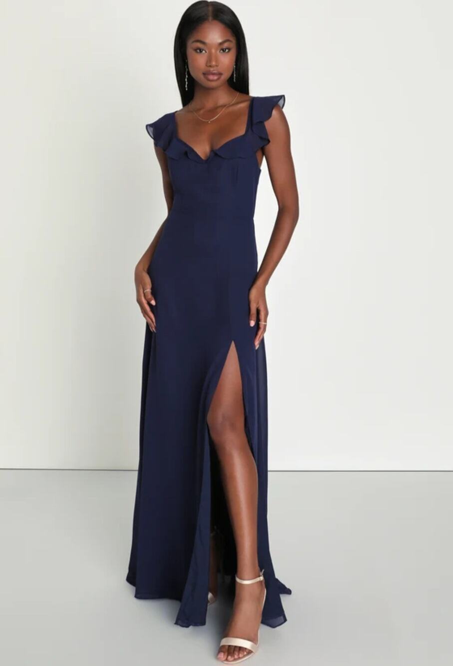 Lulus Navy Blue Ruffled Tie Back Maxi Dress S NWT Chiffon Wedding Guest